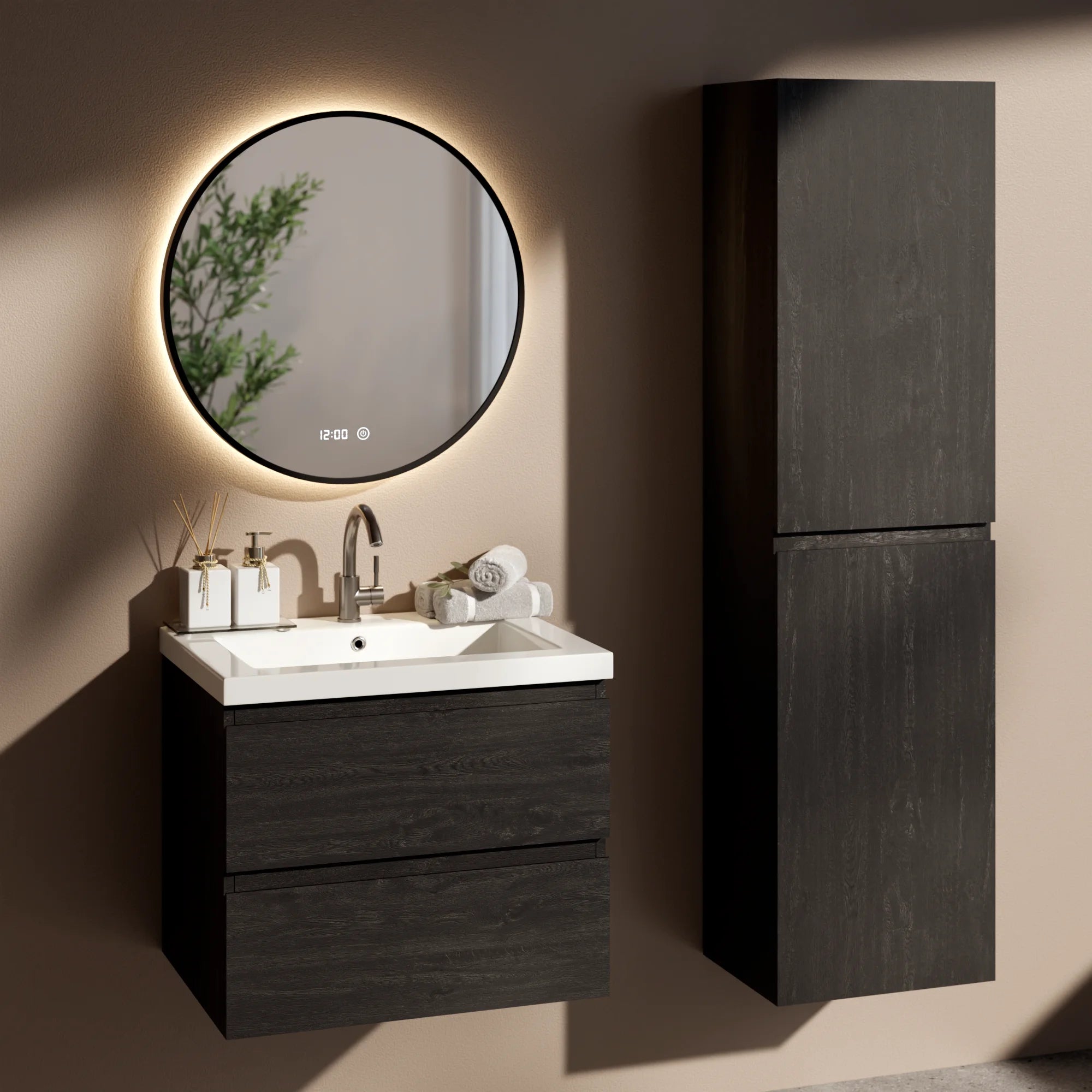 Badezimmermöbel Set Virello – 60 cm – Schwarze Eiche – Weißes Waschbecken