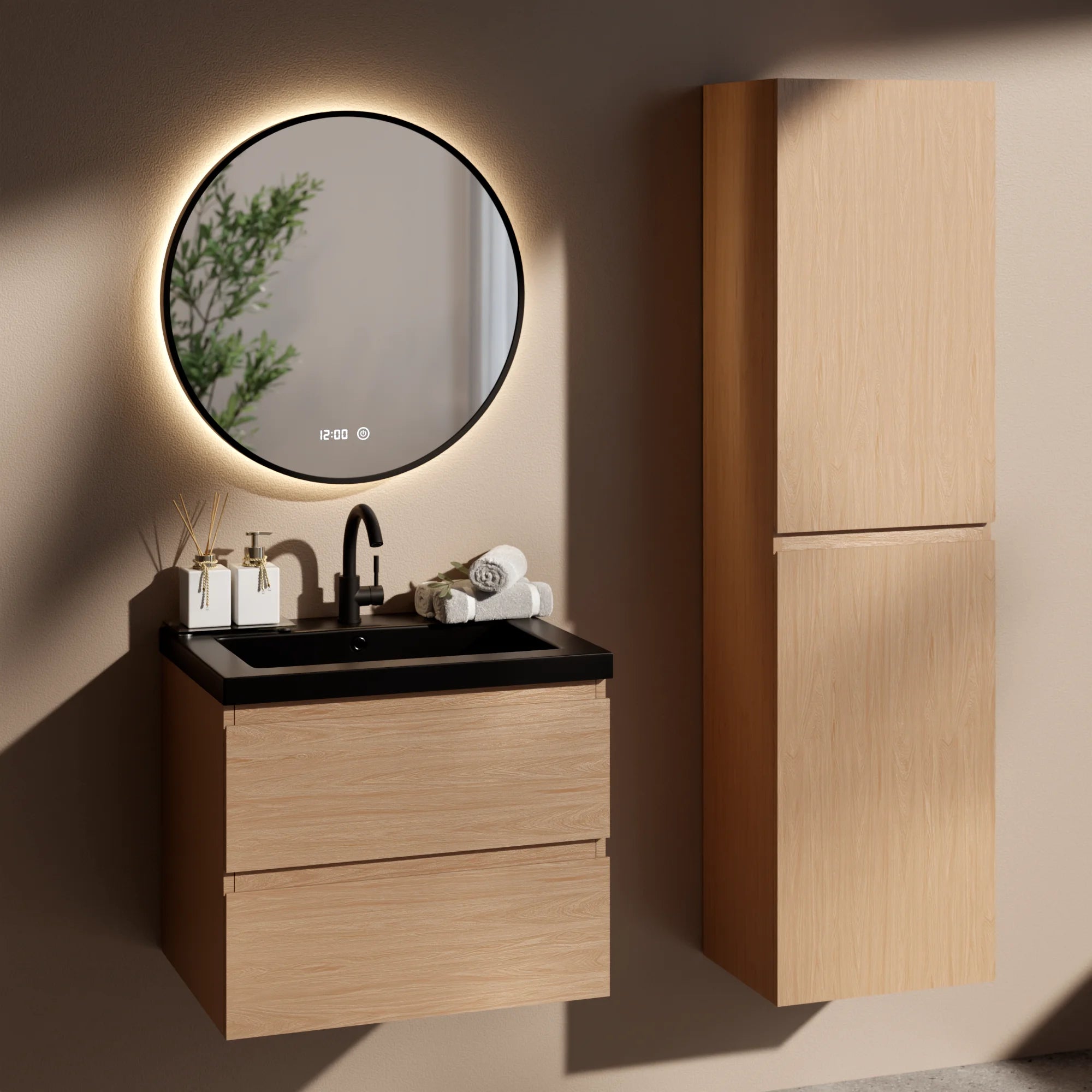 Badezimmermöbel Set Monaco – 60 cm – Helle Eiche – Schwarzes Waschbecken - Vorbestellen