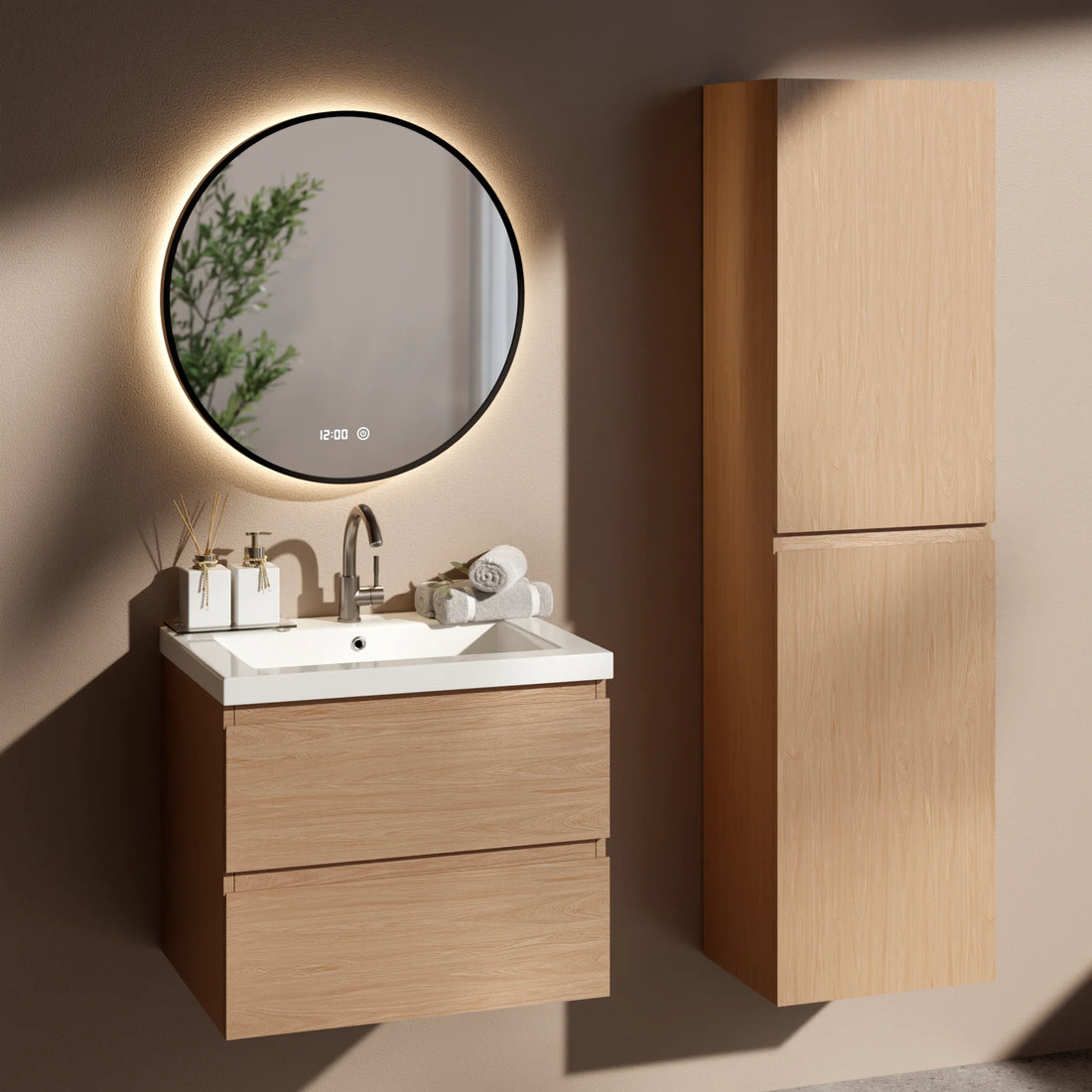 Badezimmermöbel Set Amara – 60 cm – Helle Eiche – Weißes Waschbecken