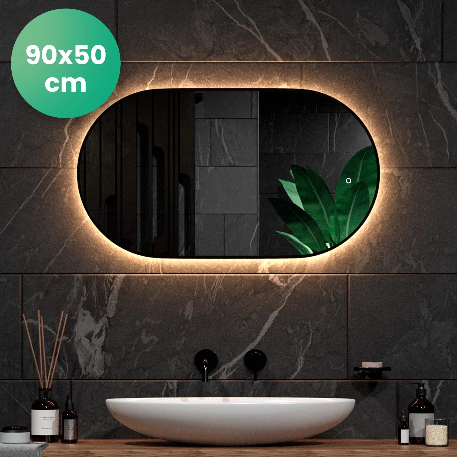 Badezimmerspiegel - 90x50cm - Schwarzer Rahmen - Oval
