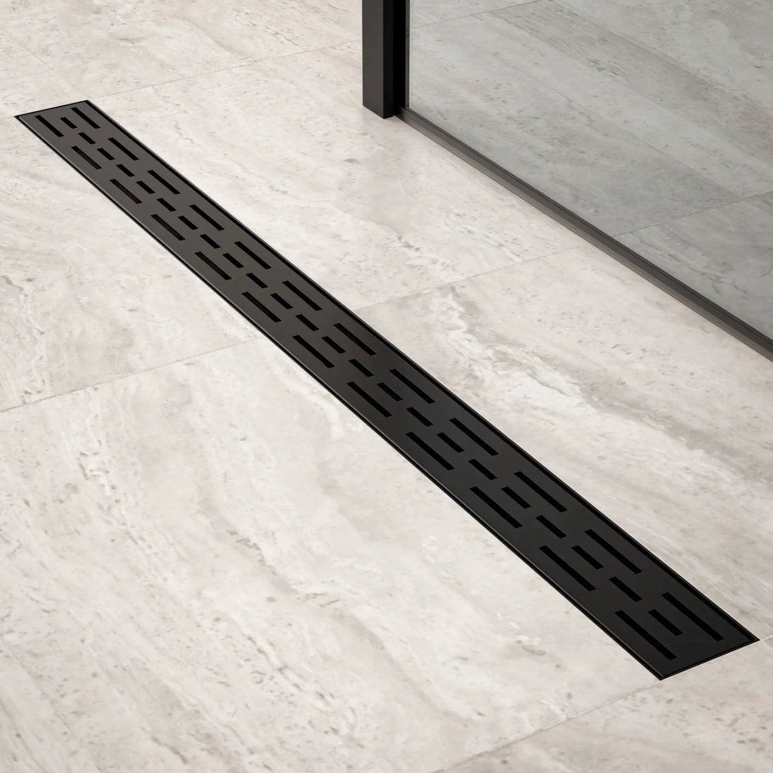 Duschrinne – 90 cm – Mattschwarz – Standardrost – Edelstahl – mit Flansch