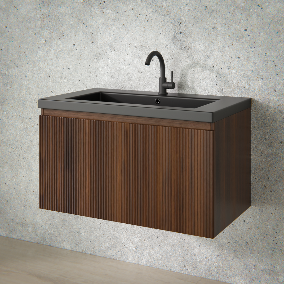 Badezimmermöbel Niko - 80cm - Walnuss - Waschbecken Schwarz