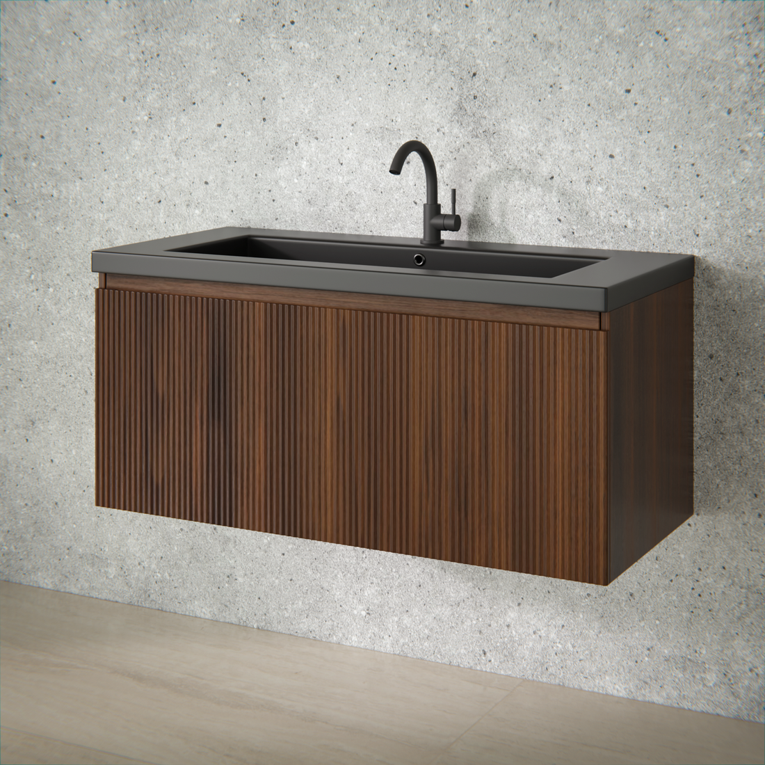 Badezimmermöbel Indy - 100cm - Walnussbraun - Waschbecken Schwarz