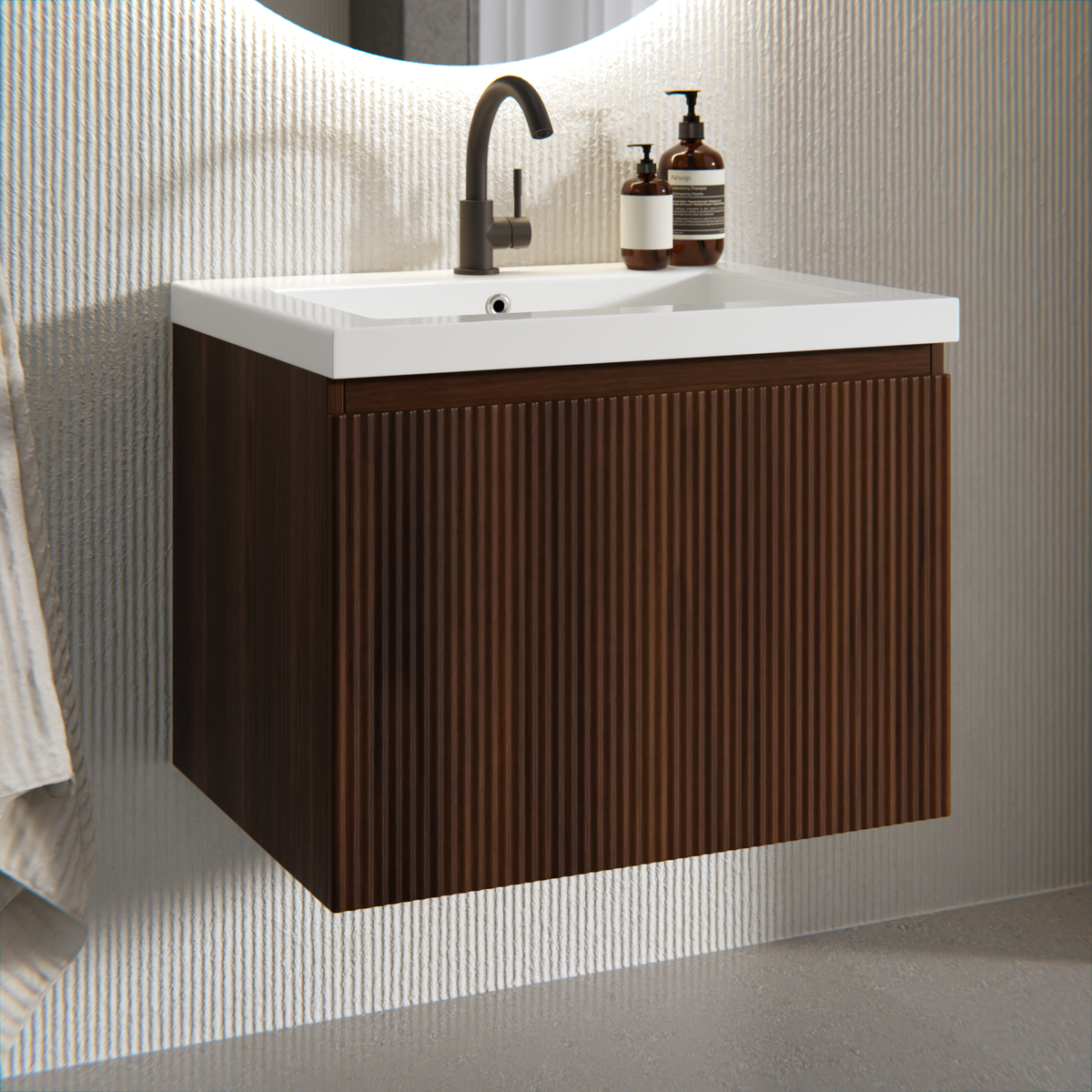 Badezimmermöbel Vino - 60 cm - Walnussbraun - Waschbecken Weiß
