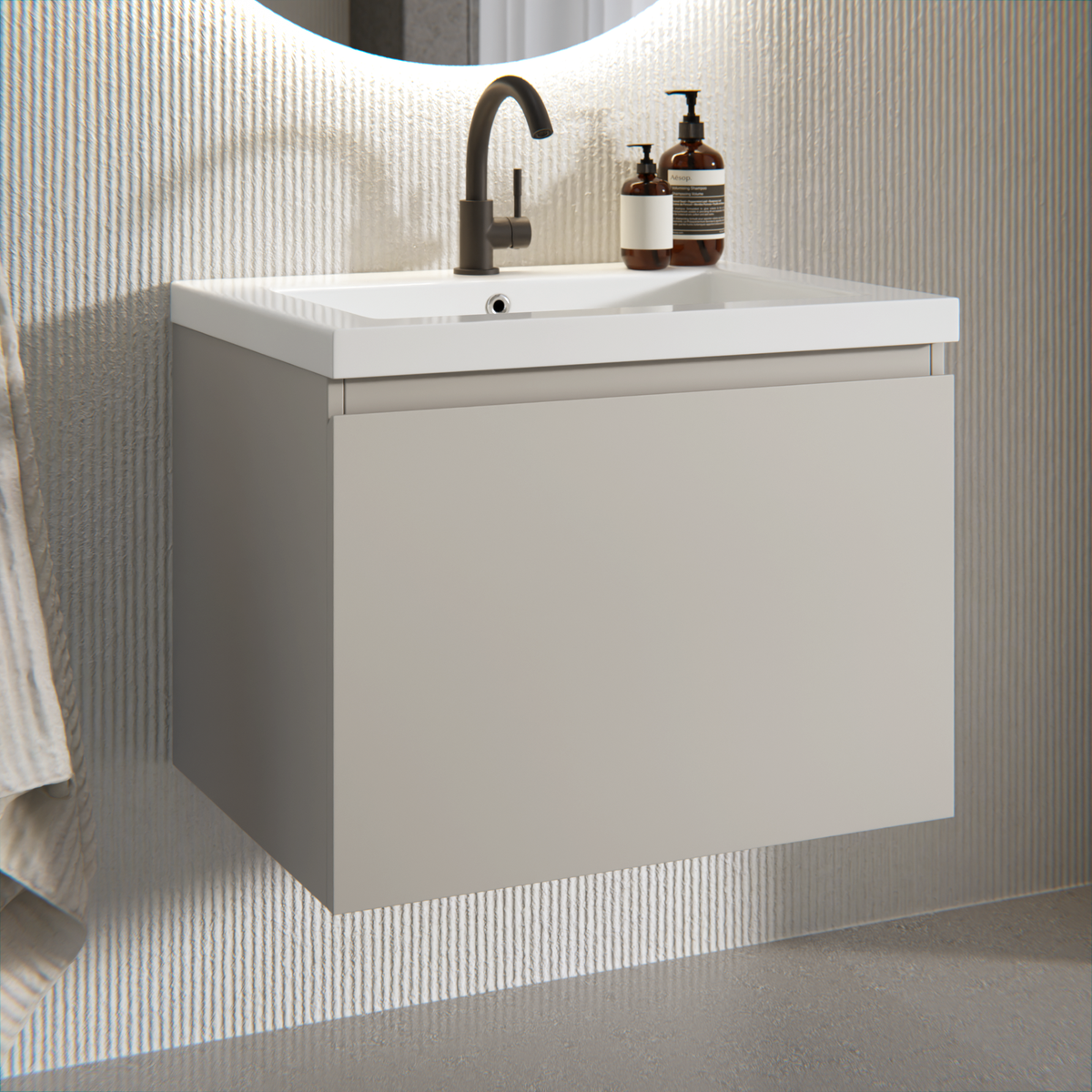 Badezimmermöbel Vino - 60 cm - Taupe - Waschbecken Weiß
