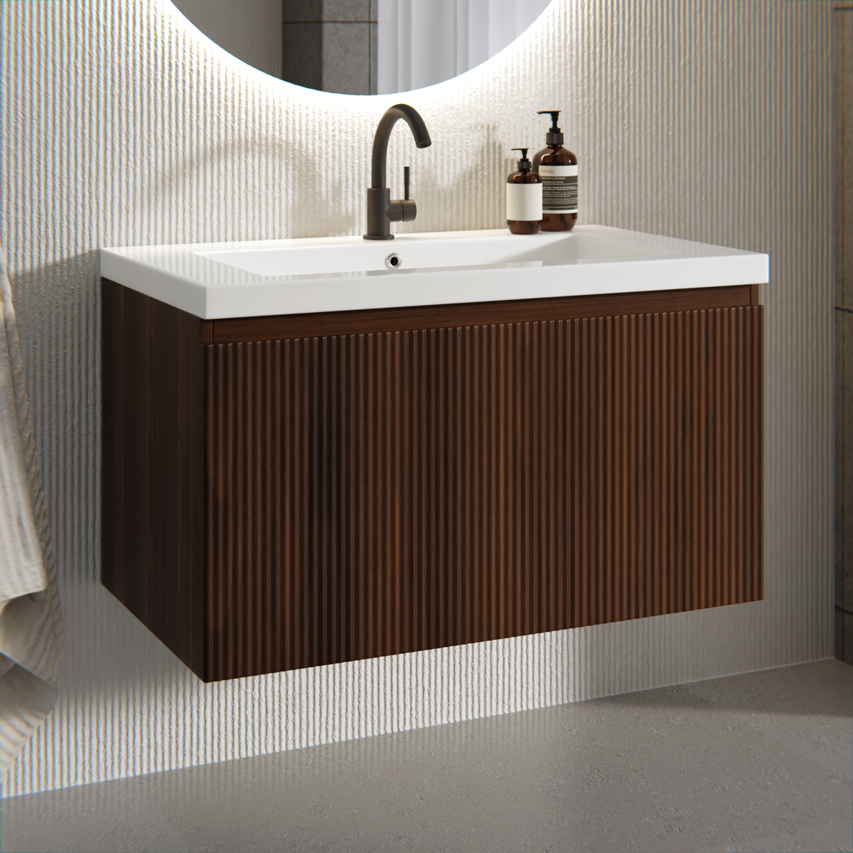Badezimmermöbel Niko - 80cm - Walnuss - Waschbecken Weiß