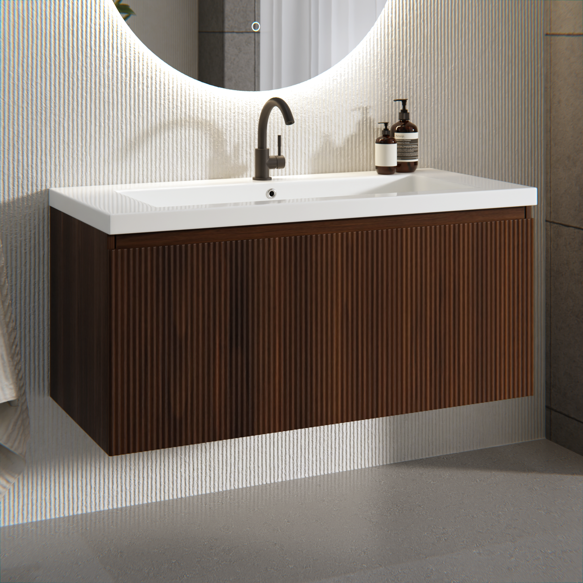 Badezimmermöbel Indy - 100 cm - Walnussbraun - Waschbecken Weiß