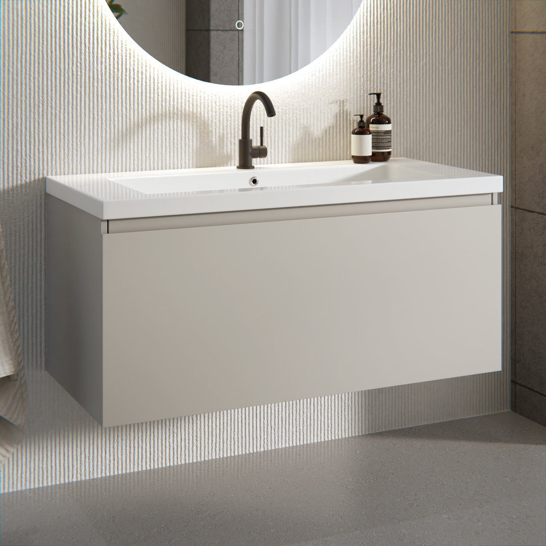 Badezimmermöbel Indy - 100 cm - Taupe - Waschbecken Weiß