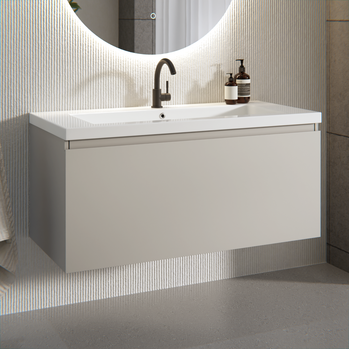 Badezimmermöbel Indy - 100 cm - Taupe - Waschbecken Weiß