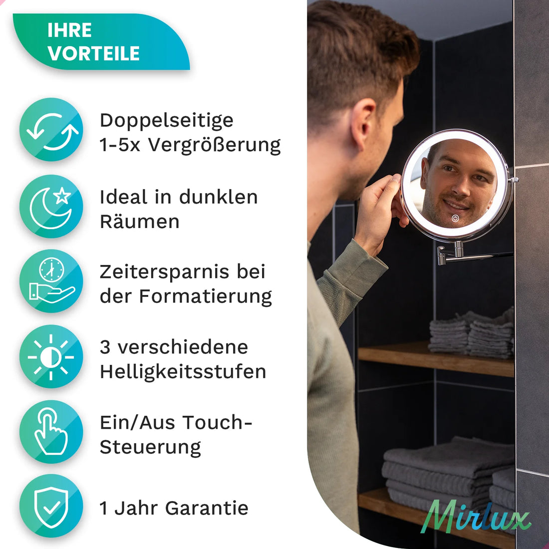 Schminkspiegel - Wiederaufladbar - 10-fache Vergrößerung - Chrom