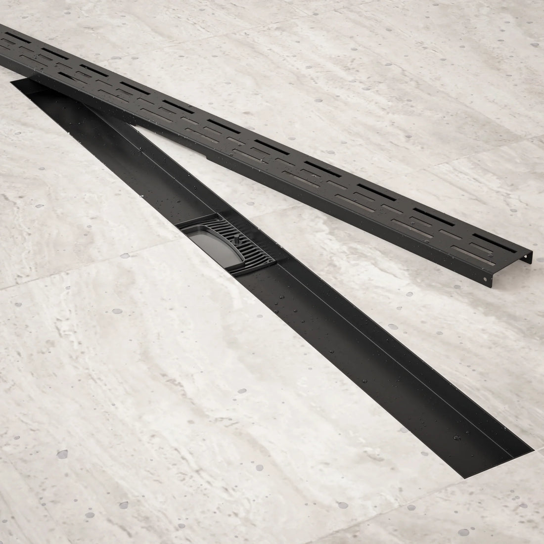 Duschrinne – 90 cm – Mattschwarz – Standardrost – Edelstahl – mit Flansch