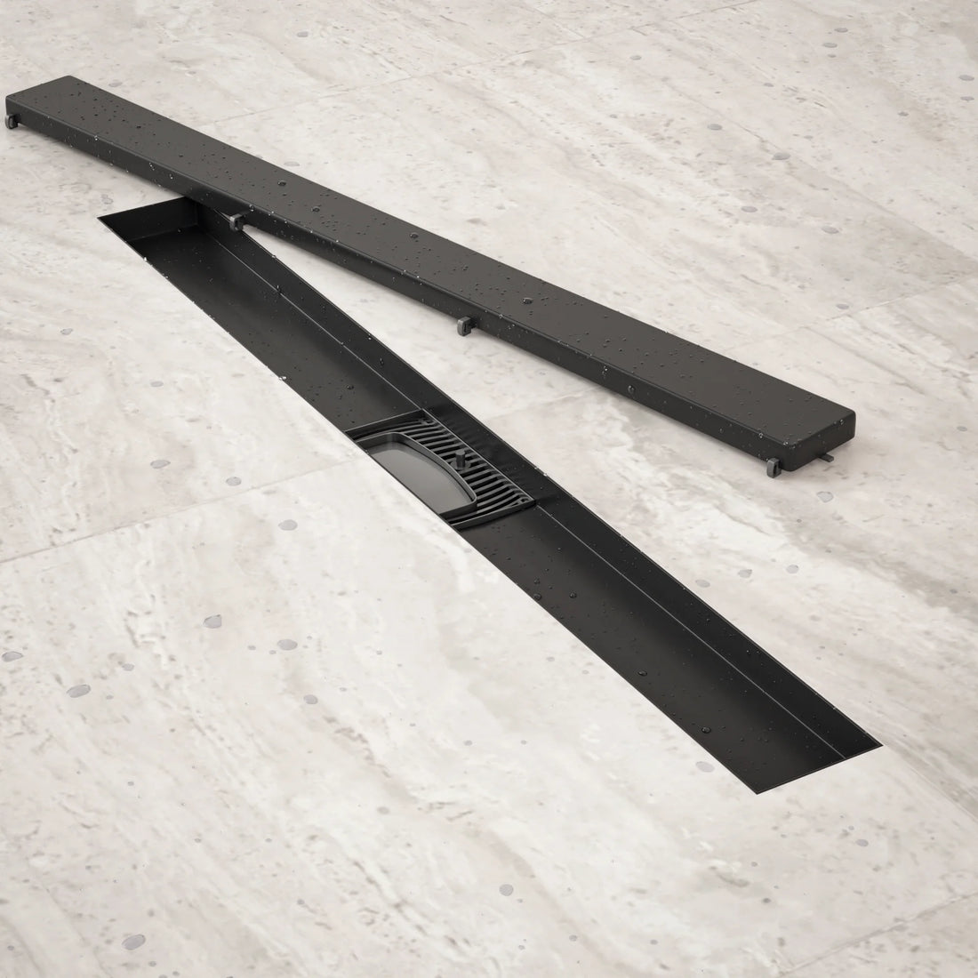 Duschrinne – 70 cm – Mattschwarz – Fliesenrost – Edelstahl – mit Flansch