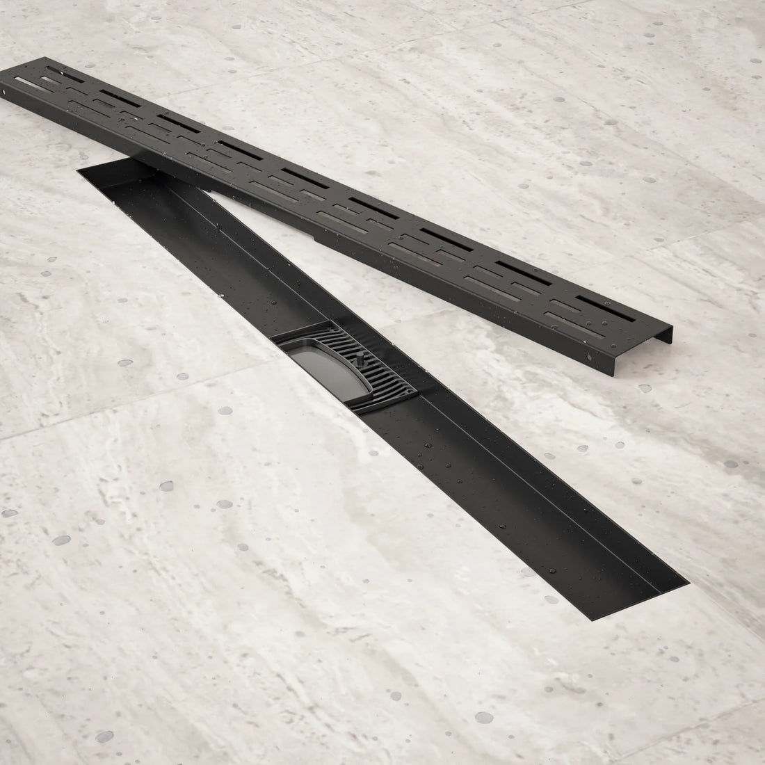 Duschrinne – 70 cm – Mattschwarz – Standardrost – Edelstahl – mit Flansch
