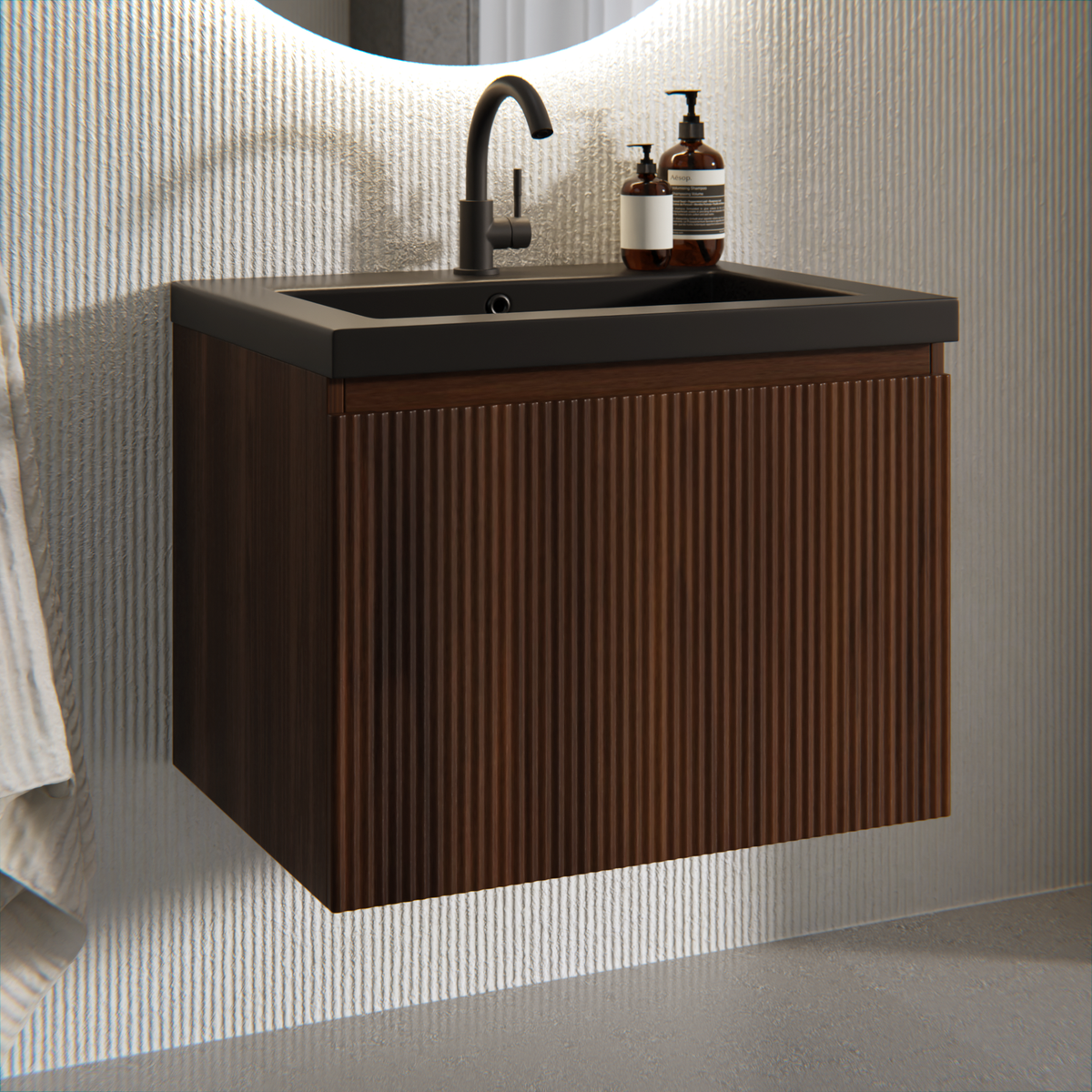 Badezimmermöbel Vino - 60 cm - Walnussbraun - Waschbecken Schwarz