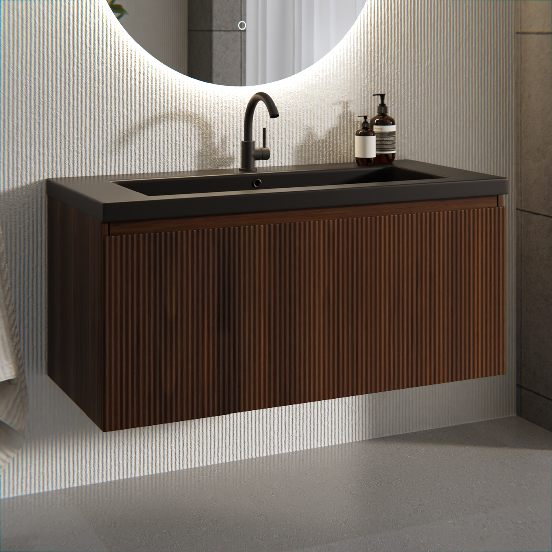 Badezimmermöbel Indy - 100cm - Walnussbraun - Waschbecken Schwarz