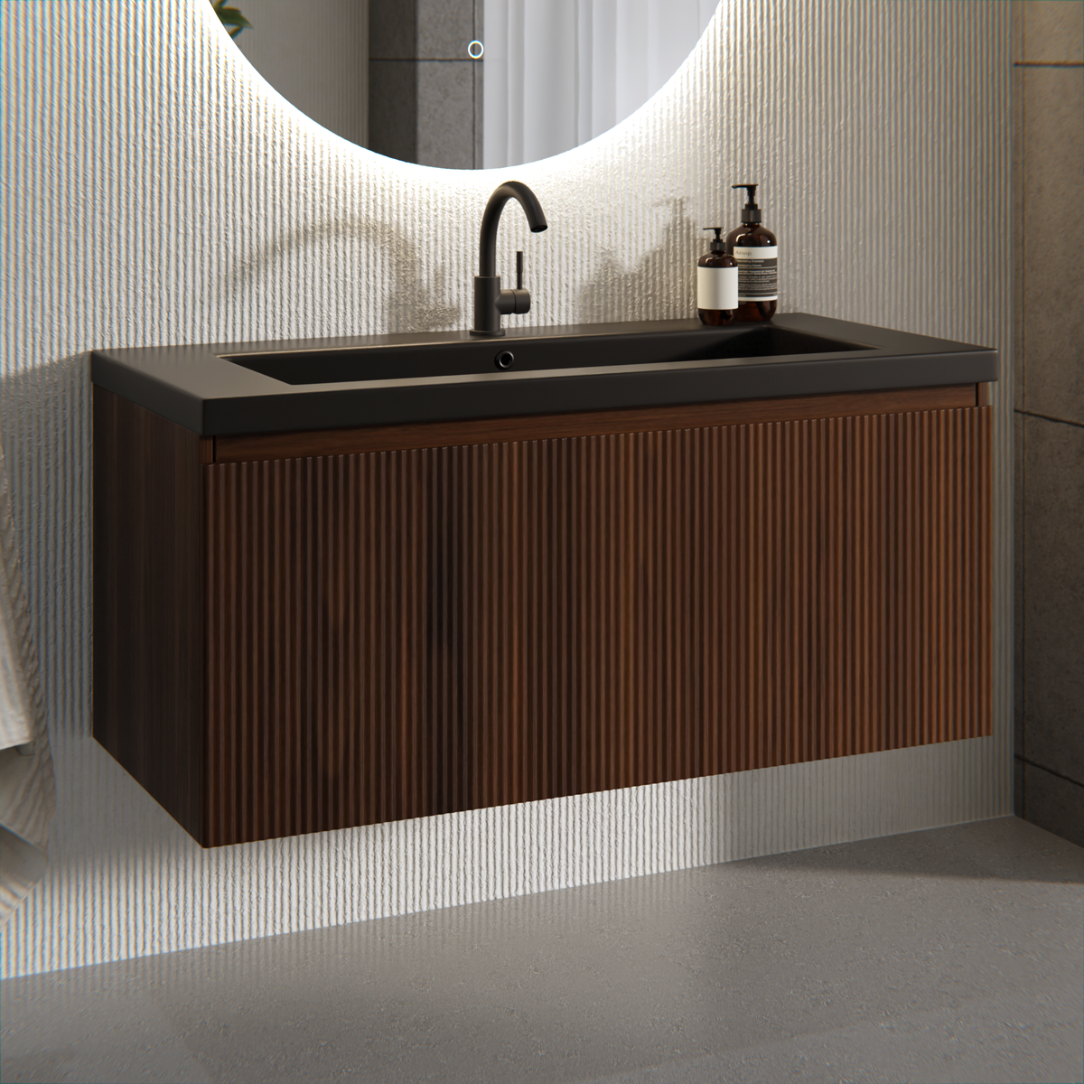 Badezimmermöbel Indy - 100cm - Walnussbraun - Waschbecken Schwarz