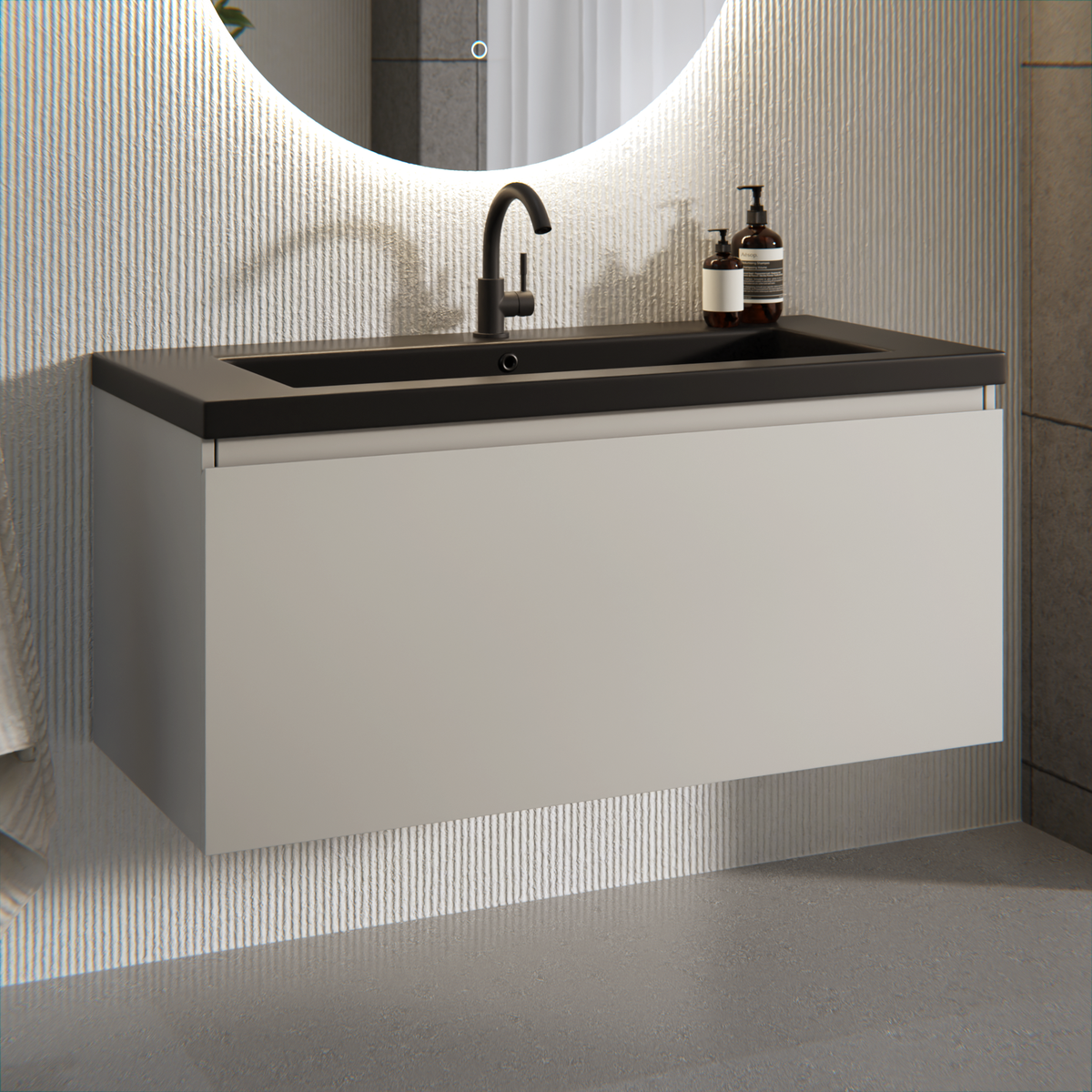 Badezimmermöbel Indy - 100 cm - Taupe - Waschbecken Schwarz