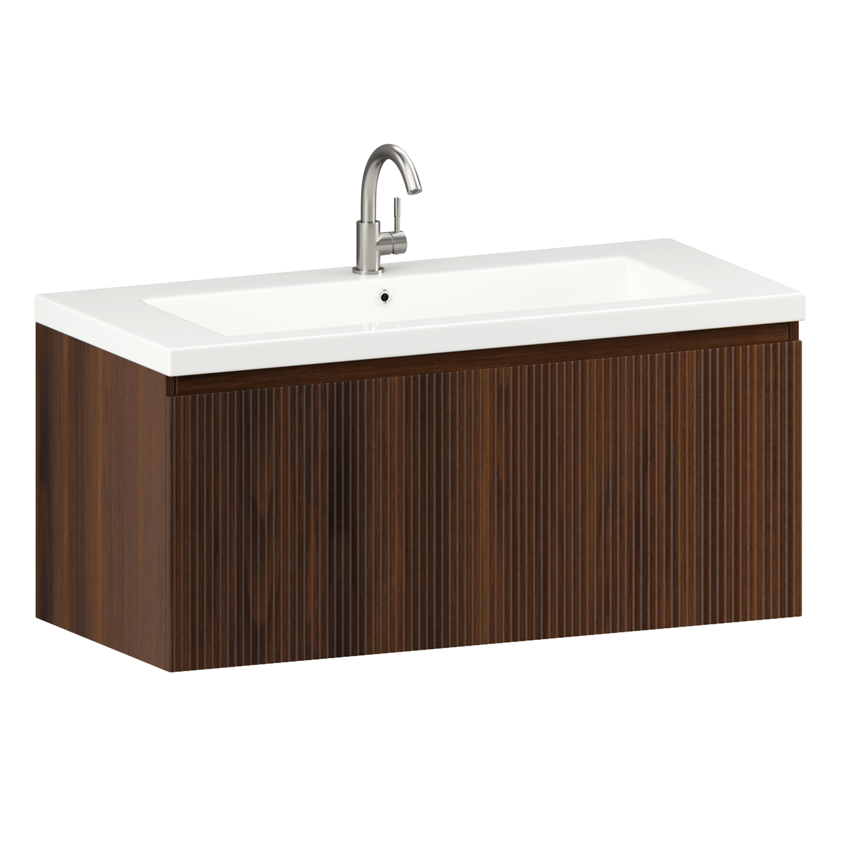 Badezimmermöbel Indy - 100 cm - Walnussbraun - Waschbecken Weiß
