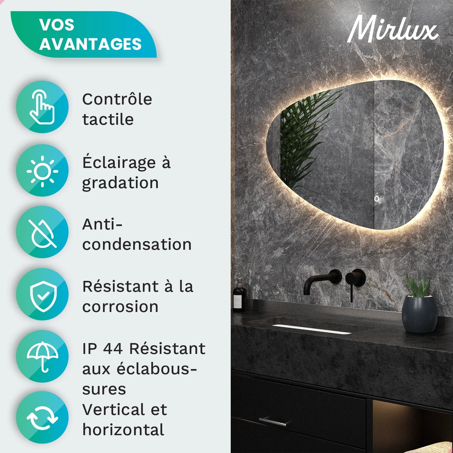 Badezimmerspiegel - 90x60cm Asymmetrisch - Rahmenlos