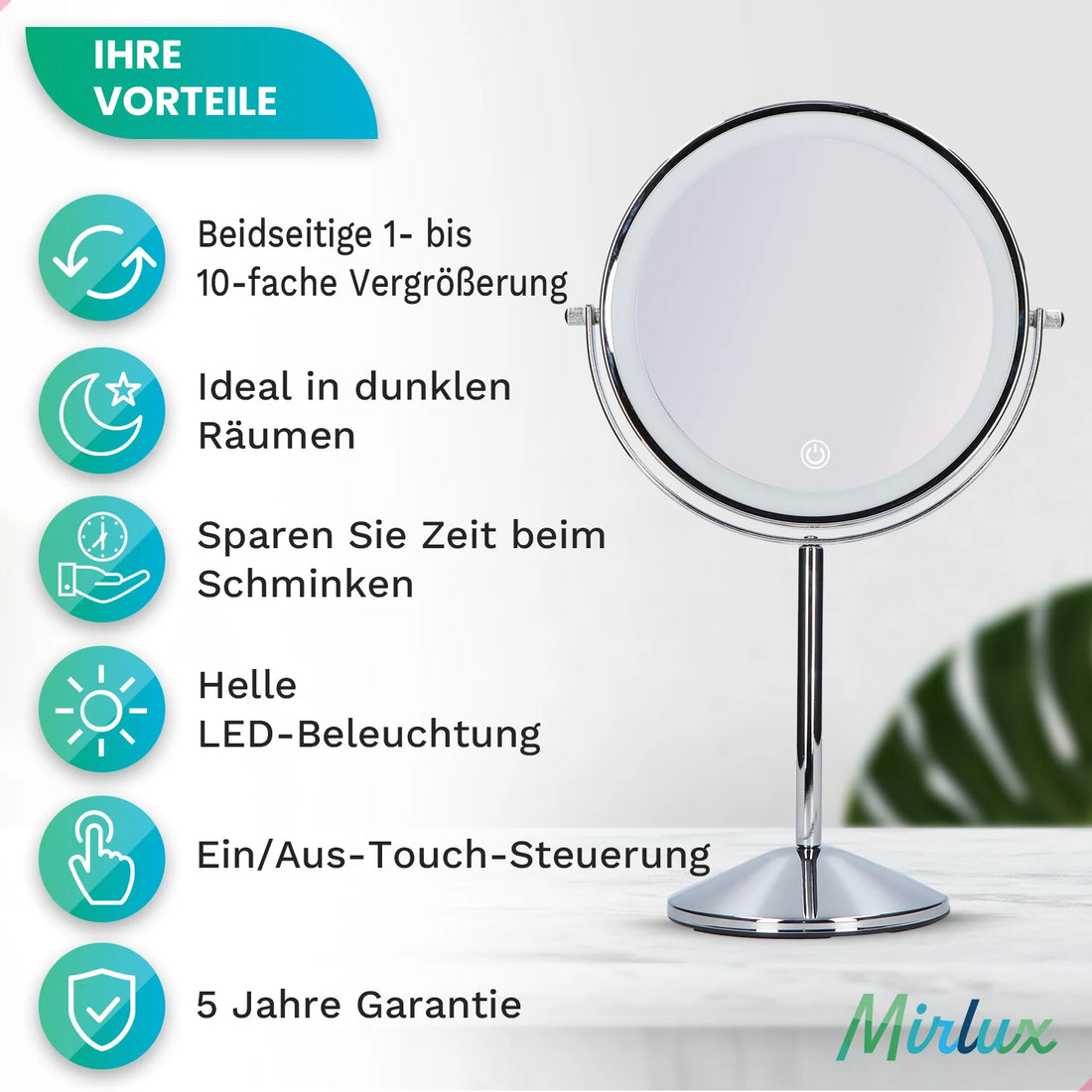 Schminkspiegel - Stehend - Wiederaufladbar - Chrom - 1-10-fache Vergrößerung