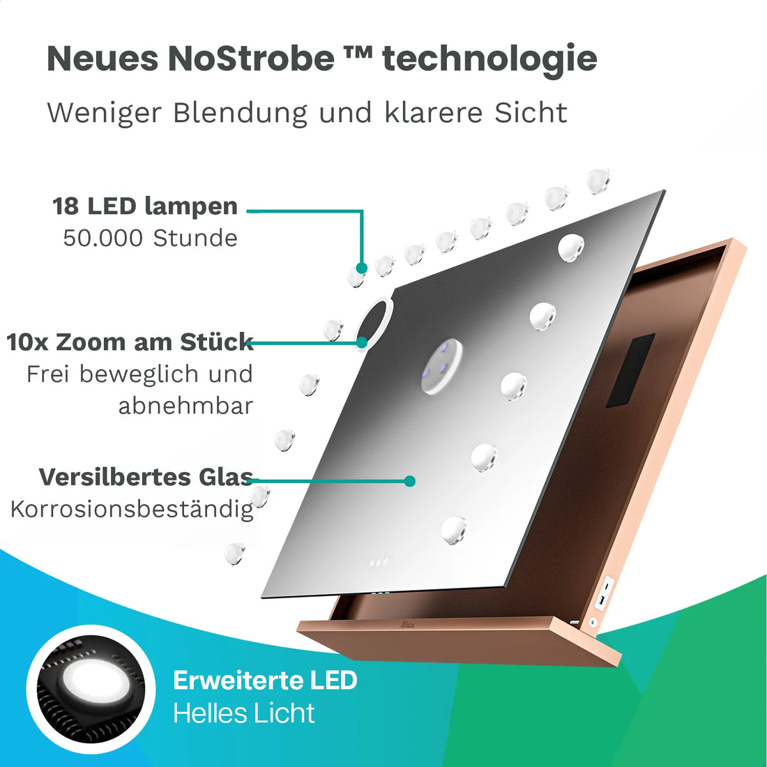Hollywood Spiegel - Bluetooth-Lautsprecher - 80x60cm - Roségold-Pink