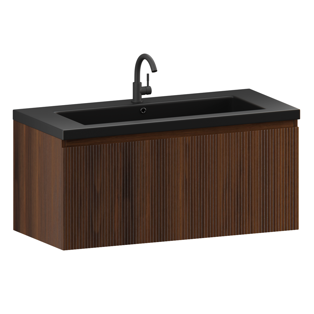 Badezimmermöbel Indy - 100cm - Walnussbraun - Waschbecken Schwarz