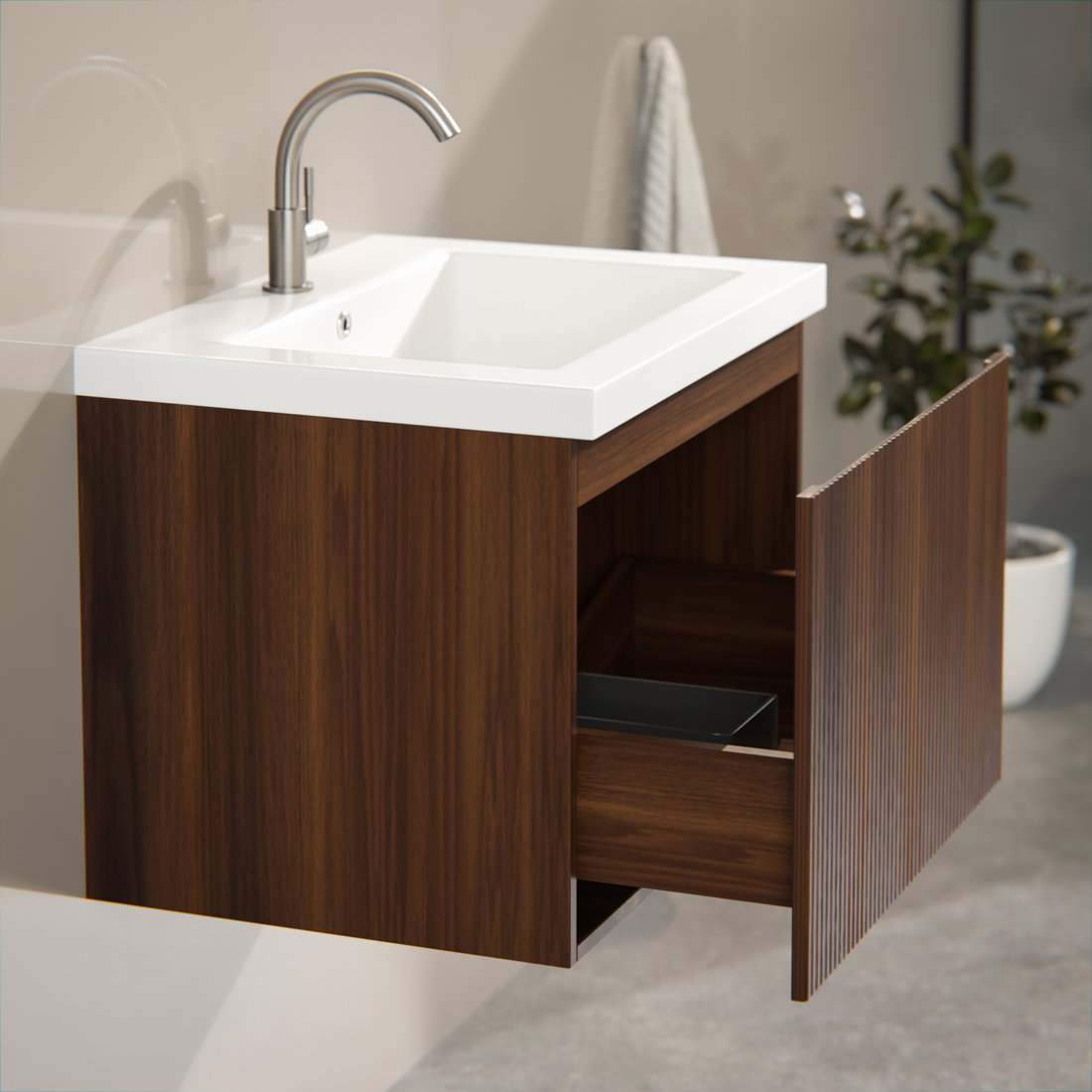 Badezimmermöbel Vino - 60 cm - Walnussbraun - Waschbecken Weiß