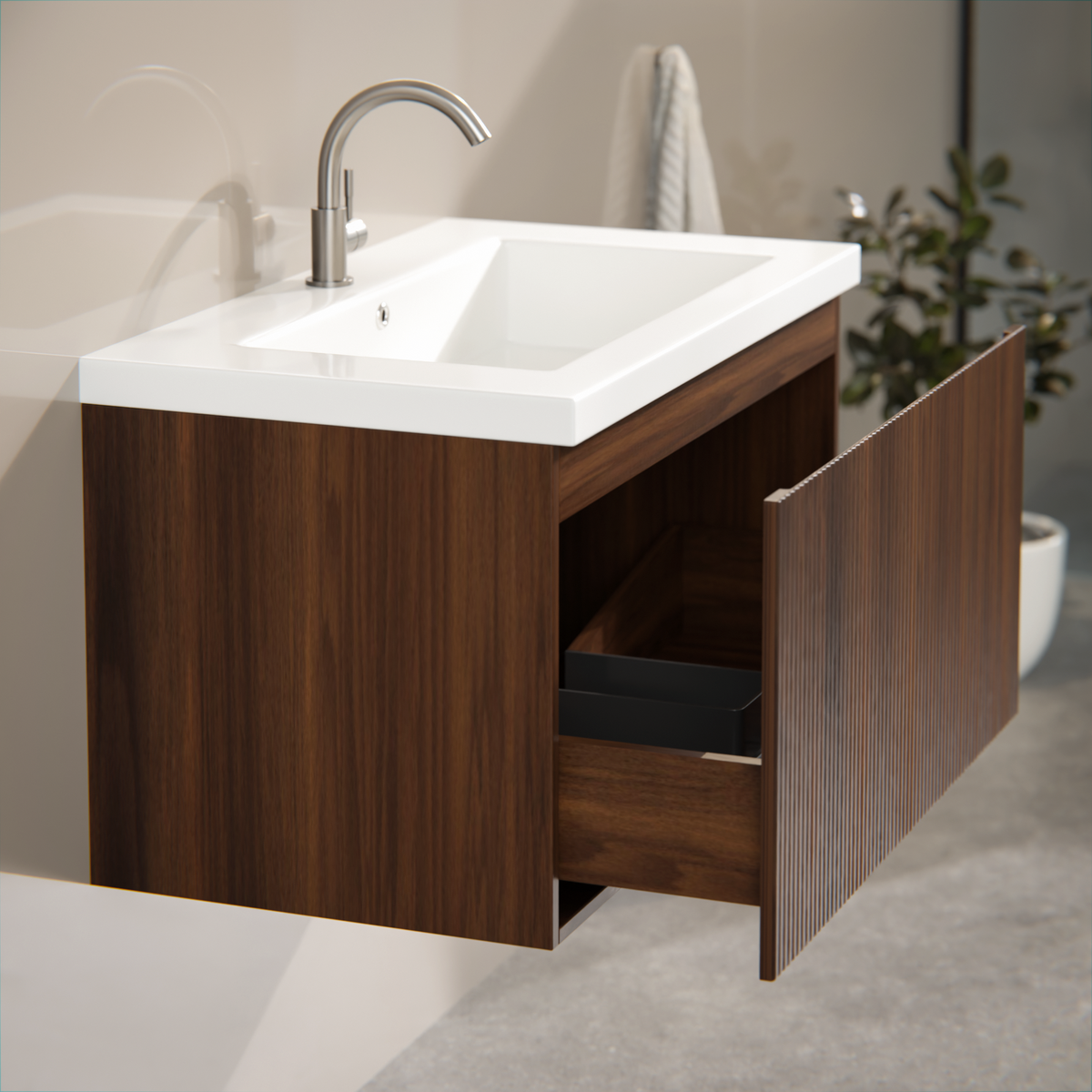 Badezimmermöbel Niko - 80cm - Walnuss - Waschbecken Weiß