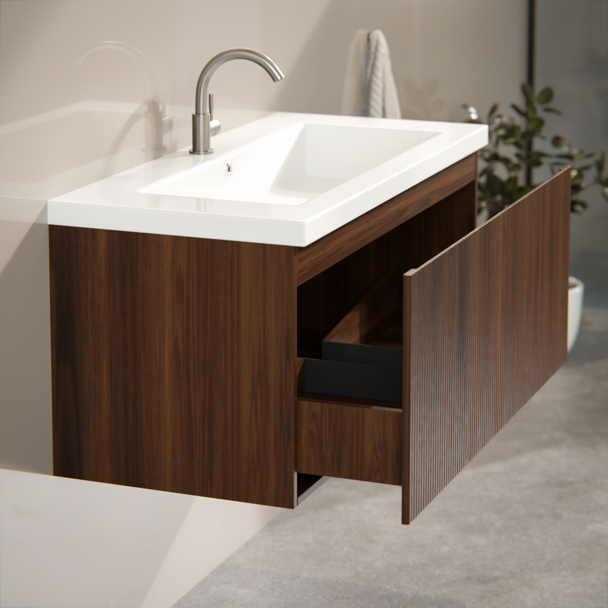 Badezimmermöbel Indy - 100 cm - Walnussbraun - Waschbecken Weiß