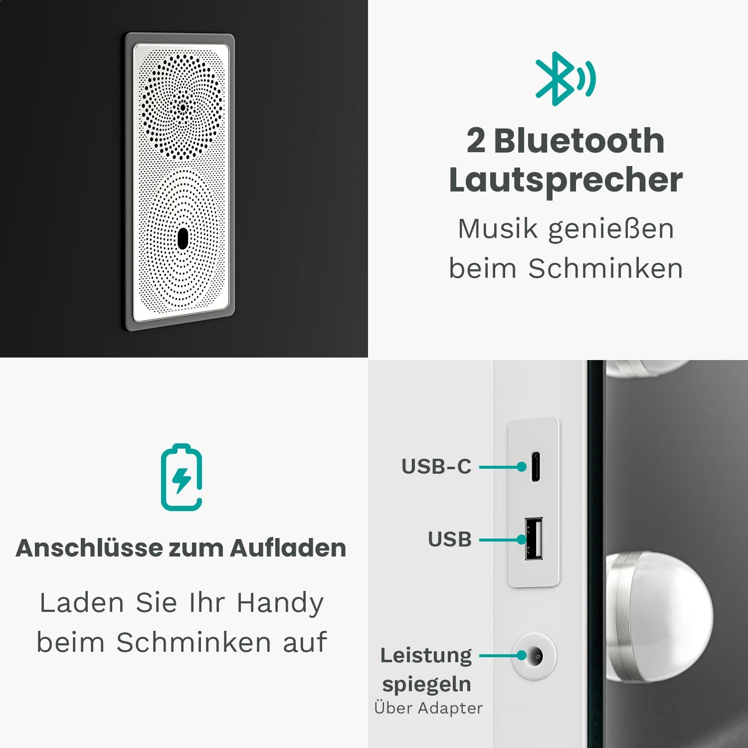 Hollywood Spiegel - Bluetooth-Lautsprecher - 58x48cm - Weiß