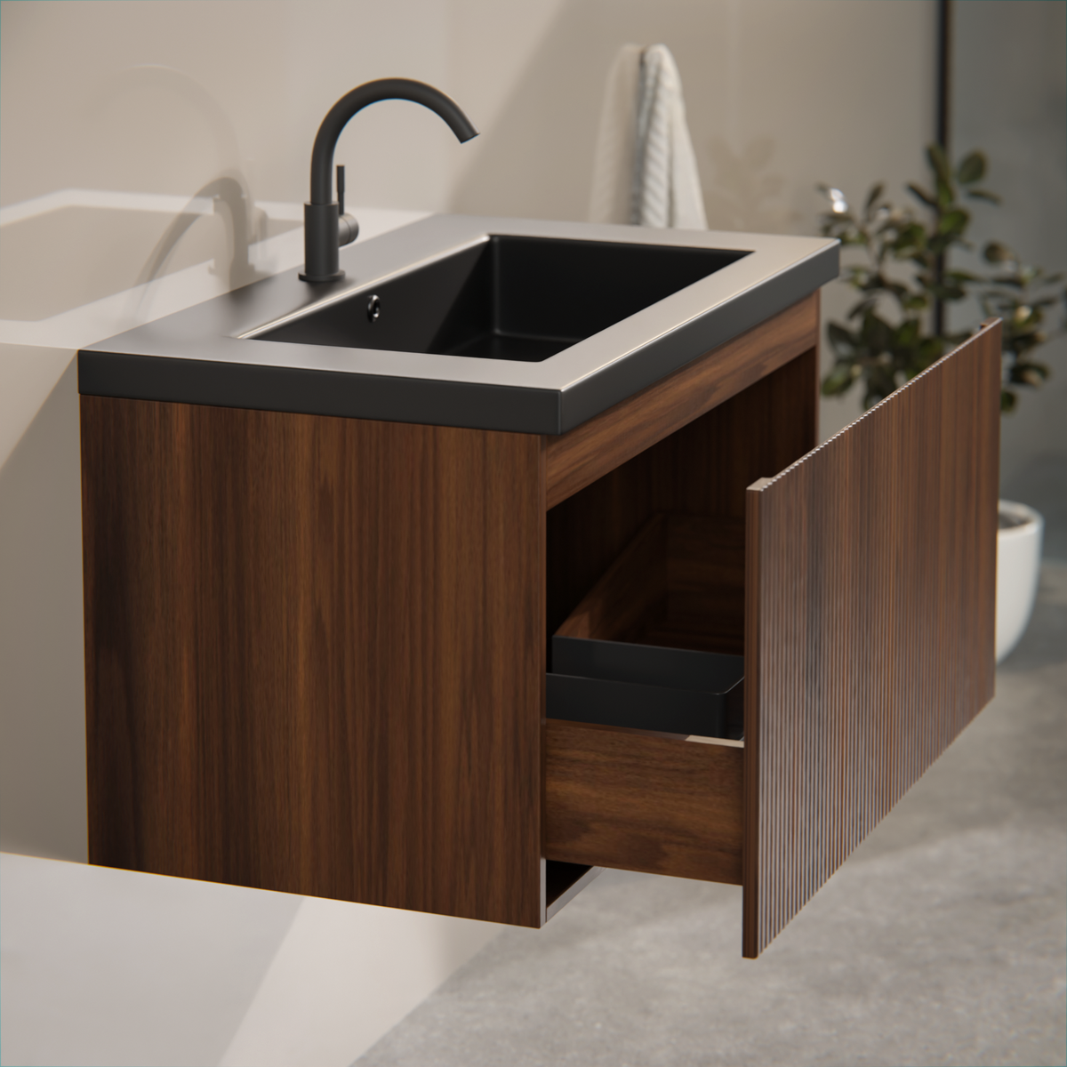 Badezimmermöbel Niko - 80cm - Walnuss - Waschbecken Schwarz