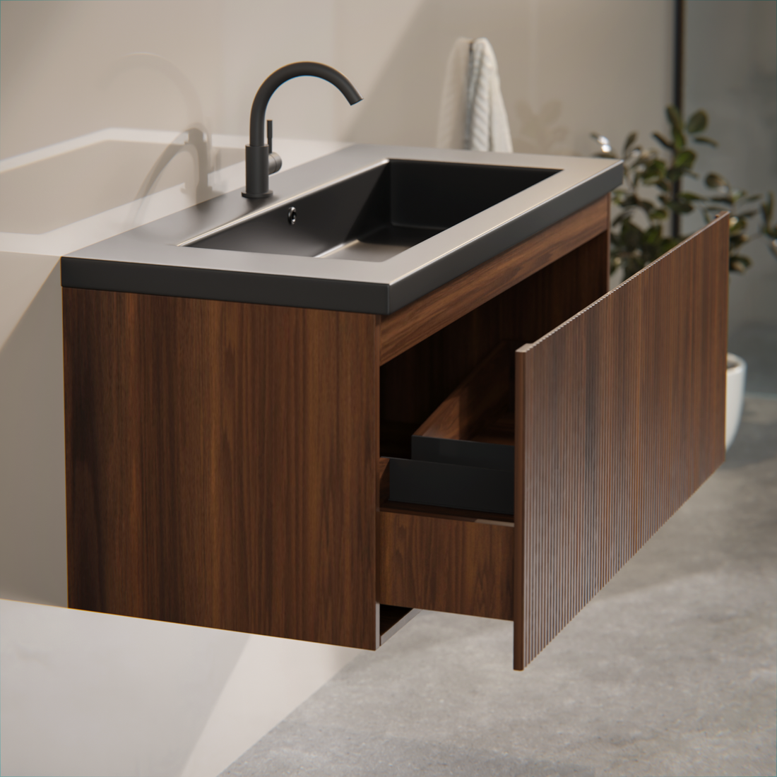 Badezimmermöbel Indy - 100cm - Walnussbraun - Waschbecken Schwarz