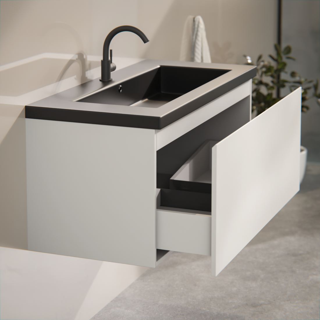Badezimmermöbel Indy - 100 cm - Taupe - Waschbecken Schwarz