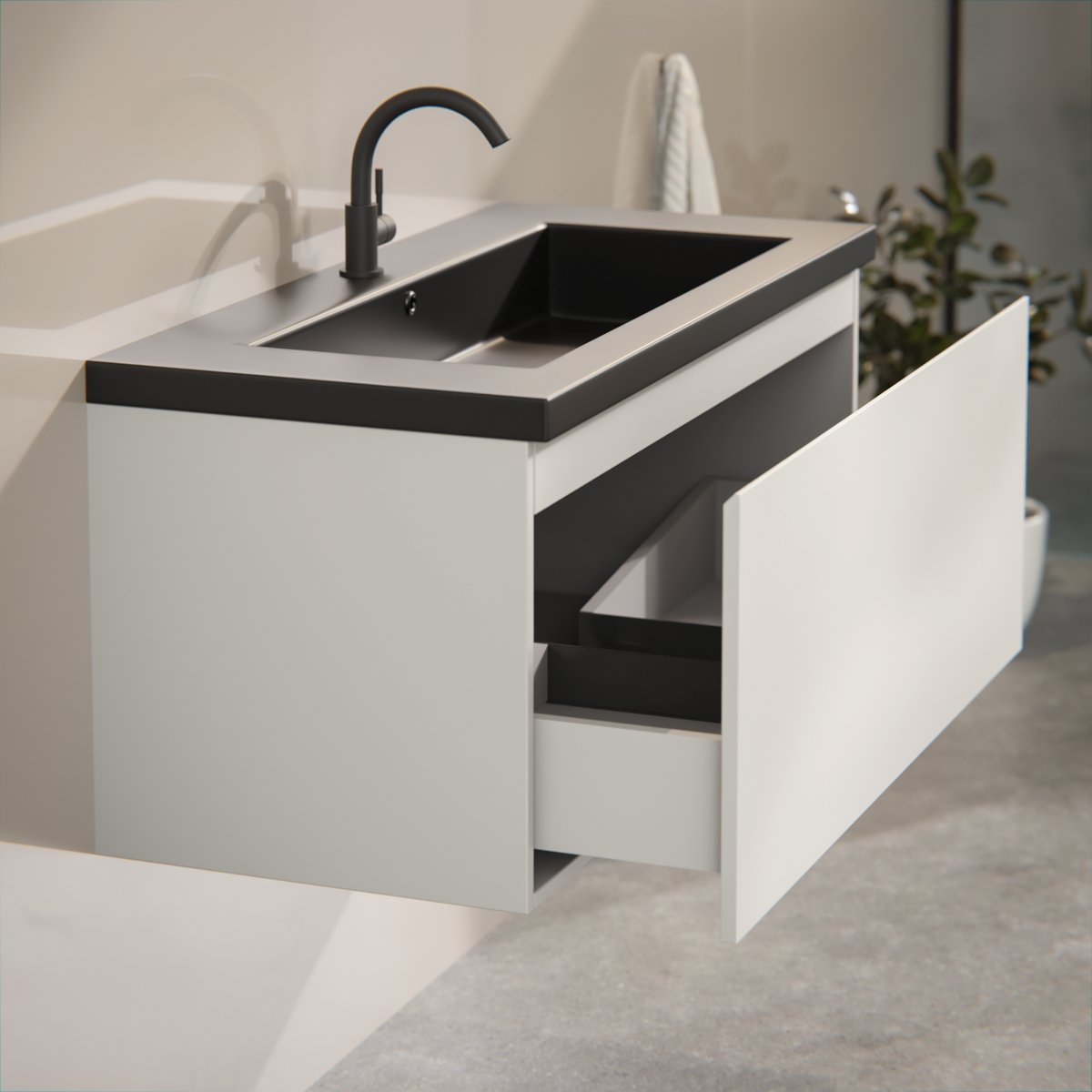 Badezimmermöbel Indy - 100 cm - Taupe - Waschbecken Schwarz