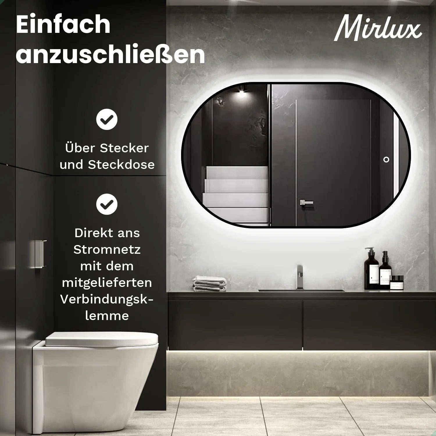 Badezimmerspiegel - 90x60cm - Schwarzer Rahmen - Oval