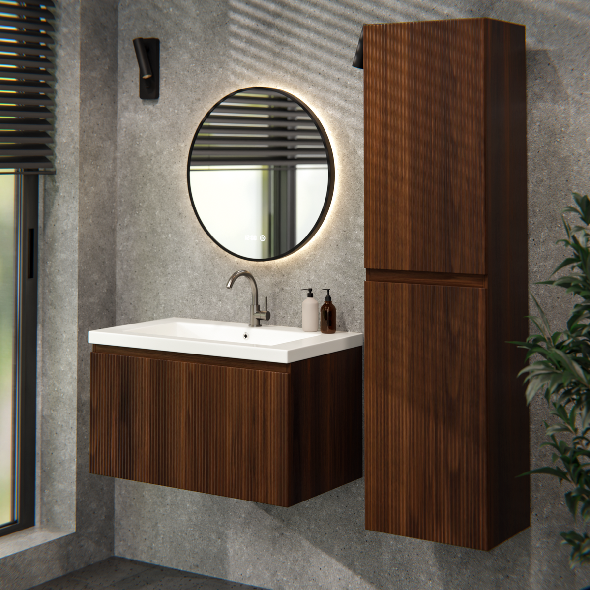 Badezimmermöbel Niko - 80cm - Walnuss - Waschbecken Weiß