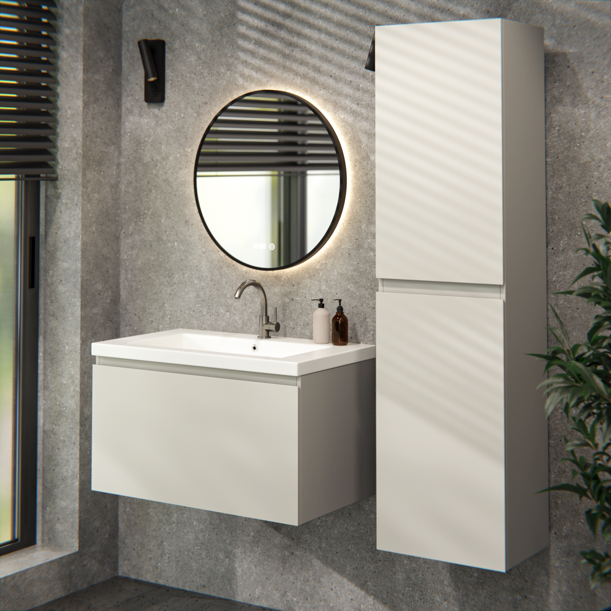Badezimmermöbel Niko - 80cm - Taupe - Waschbecken Weiß