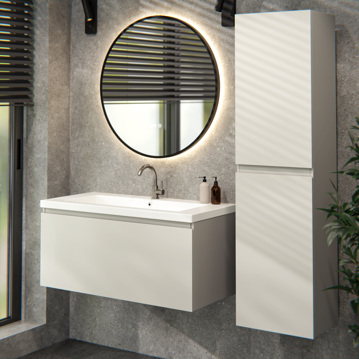 Badezimmermöbel Indy - 100 cm - Taupe - Waschbecken Weiß