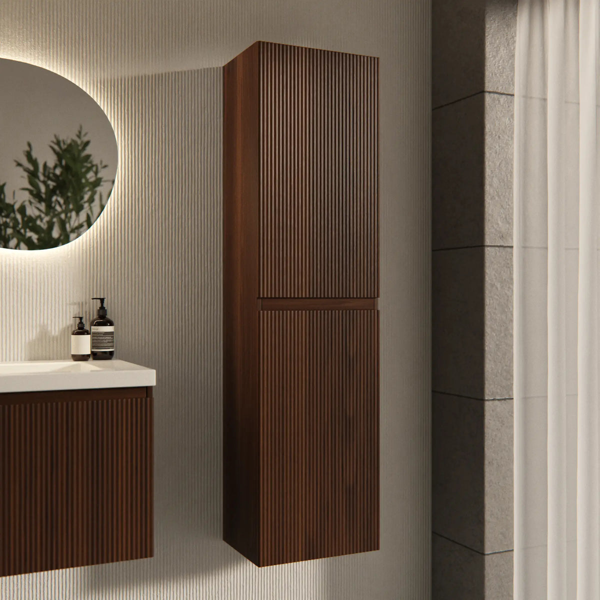 Badezimmerschrank Ruvo - 150 cm - Walnussbraun mit Rillen