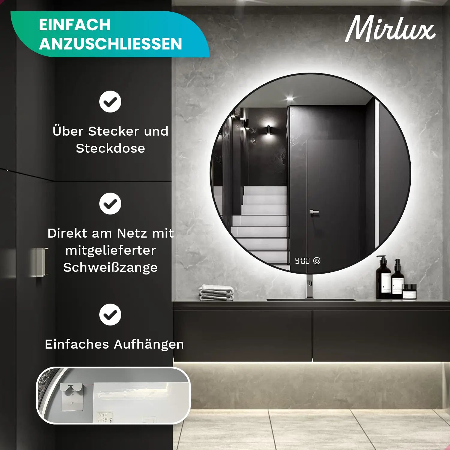 Badezimmerspiegel - Rund - 80cm - Schwarzer Rahmen