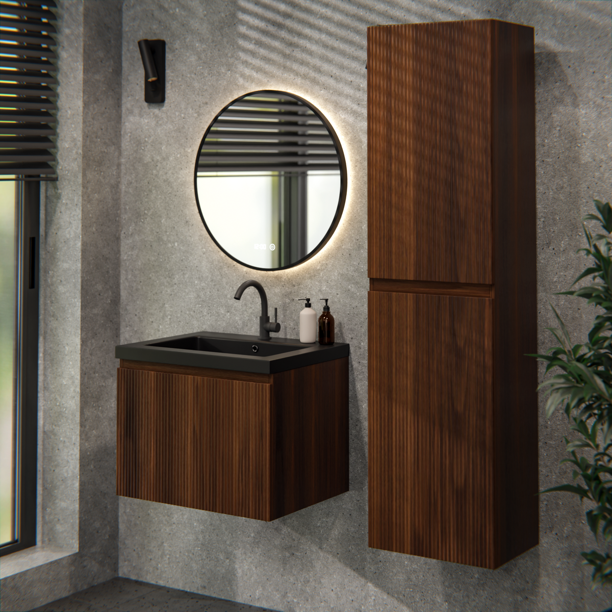 Badezimmermöbel Vino - 60 cm - Walnussbraun - Waschbecken Schwarz