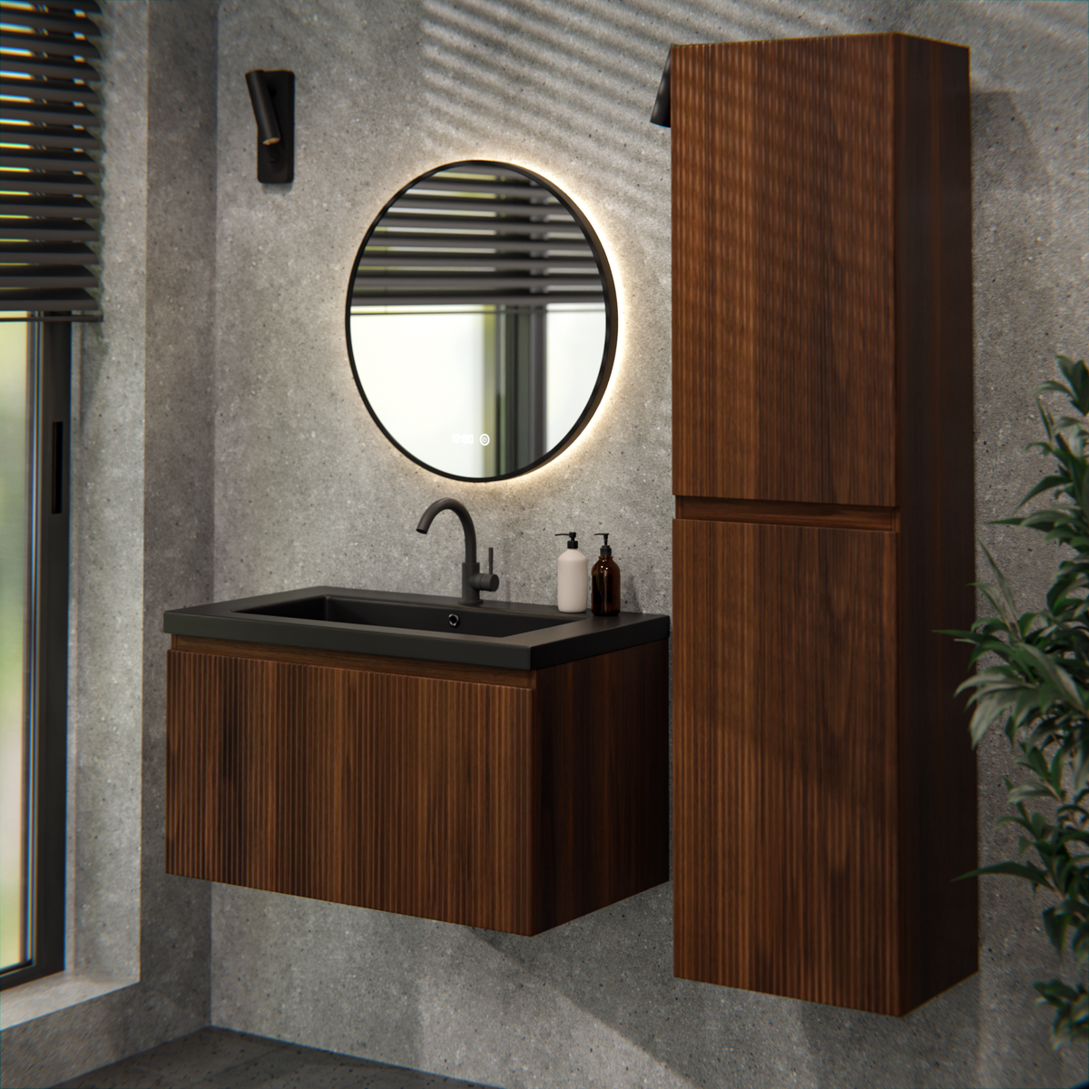 Badezimmermöbel Niko - 80cm - Walnuss - Waschbecken Schwarz