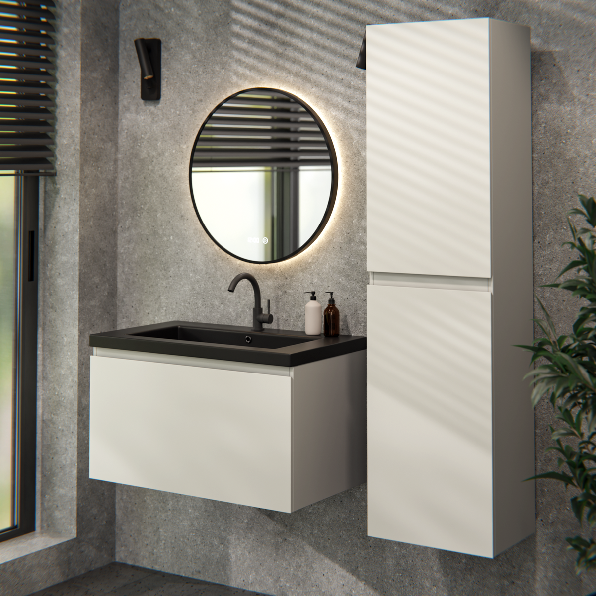 Badezimmermöbel Niko - 80cm - Taupe - Waschbecken Schwarz