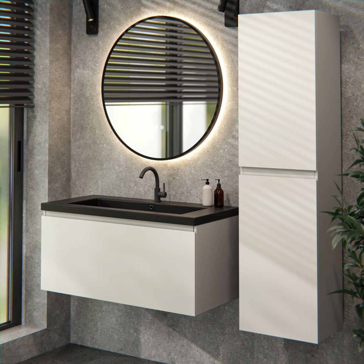 Badezimmermöbel Indy - 100 cm - Taupe - Waschbecken Schwarz