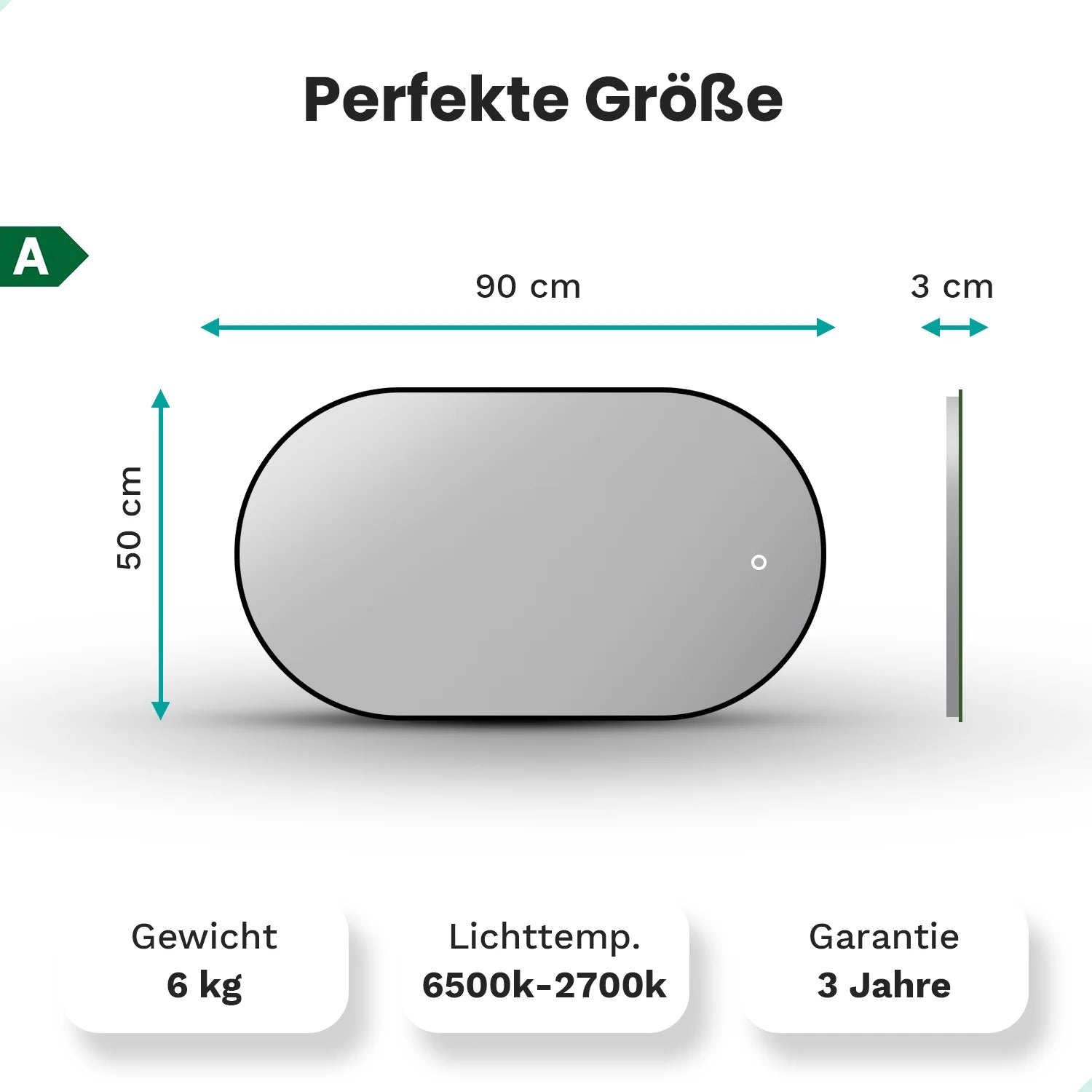 Badezimmerspiegel - 90x50cm - Schwarzer Rahmen - Oval