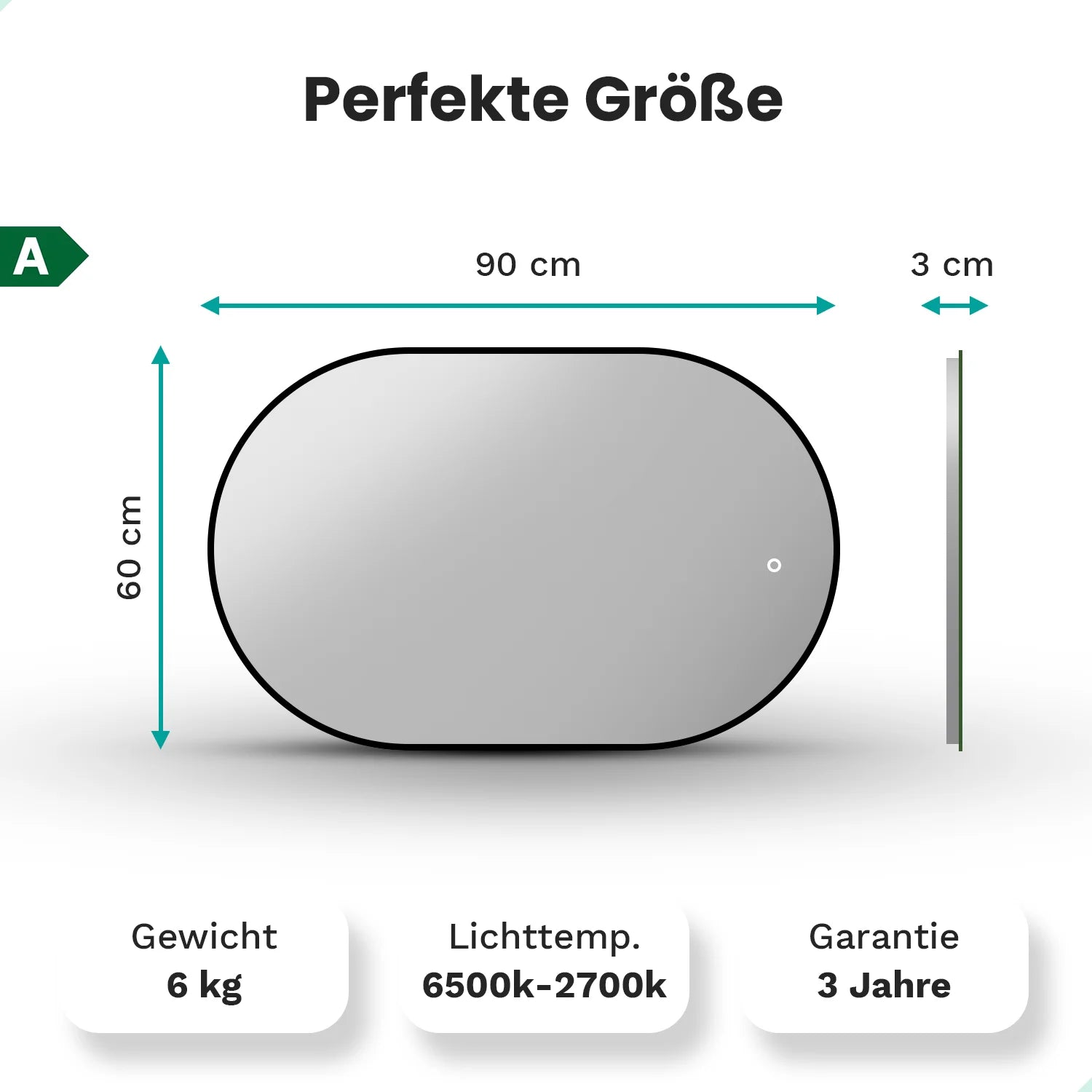 Badezimmerspiegel - 90x60cm - Schwarzer Rahmen - Oval