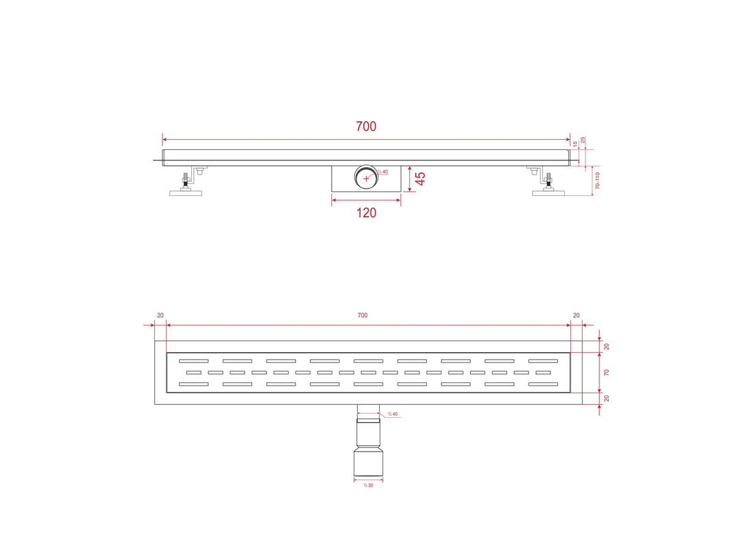 Duschrinne – 70 cm – Mattschwarz – Standardrost – Edelstahl – mit Flansch