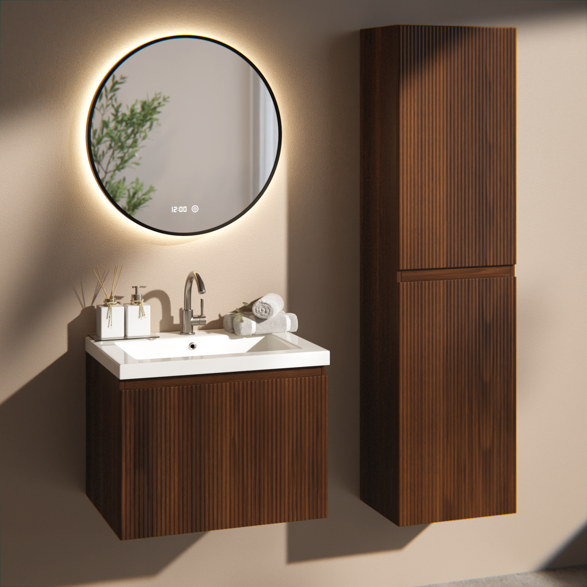 Badezimmermöbel Vino - 60 cm - Walnussbraun - Waschbecken Weiß