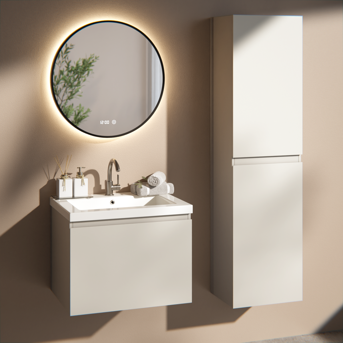 Badezimmermöbel Vino - 60 cm - Taupe - Waschbecken Weiß