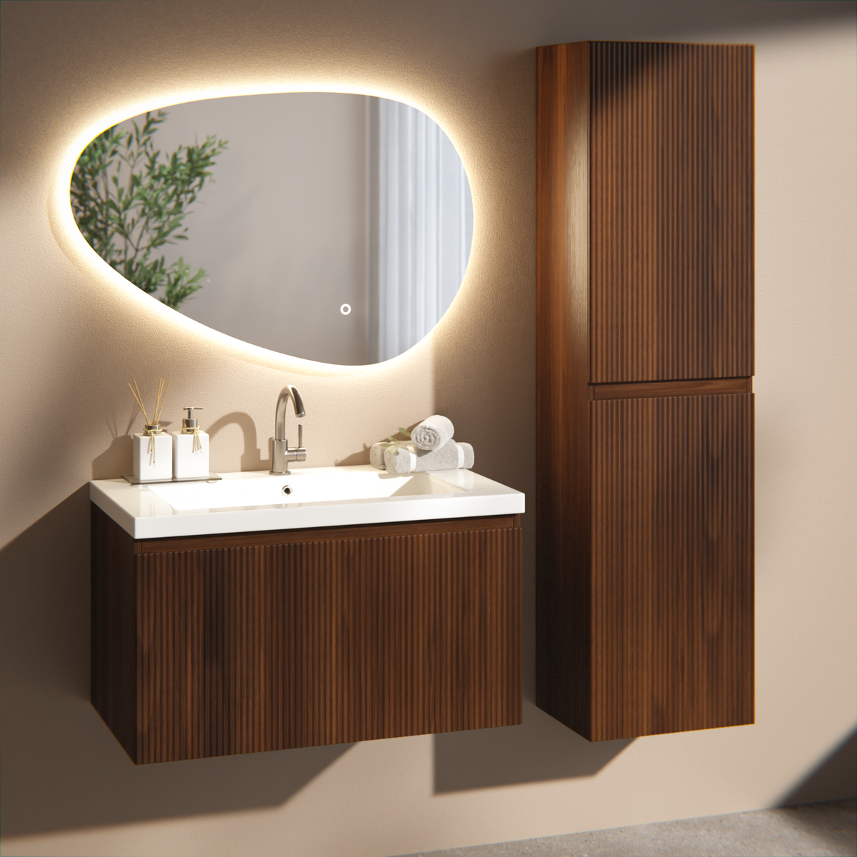 Badezimmermöbel Niko - 80cm - Walnuss - Waschbecken Weiß
